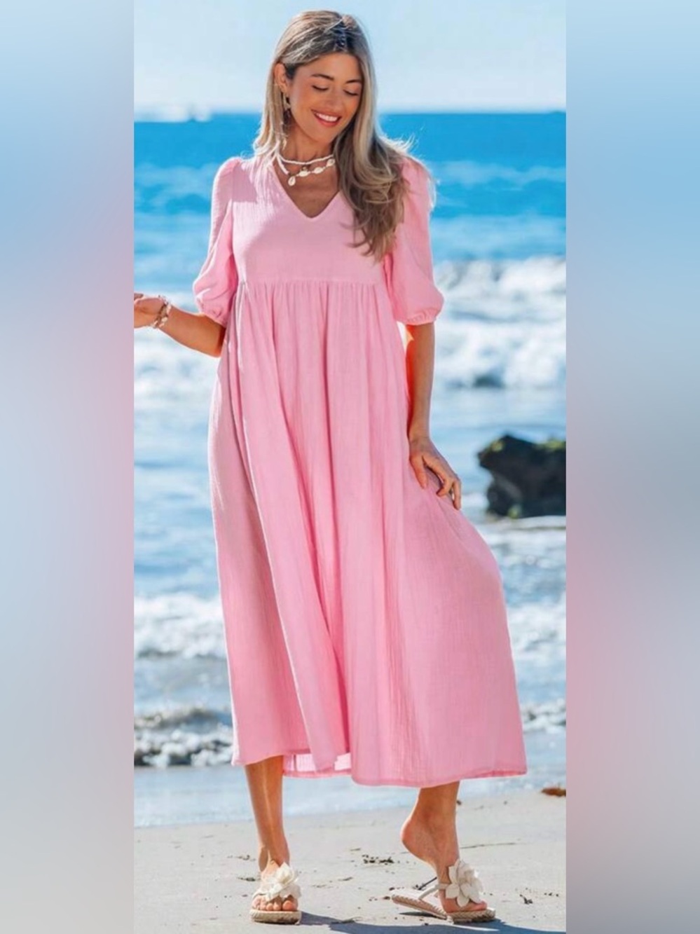 SHEIN Pink V-Neck Babydoll Maxi Dress
